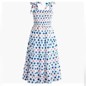 J. Crew Factory Tie Shoulder Cotton Smocked Midi Dress in Red White & Blue - S